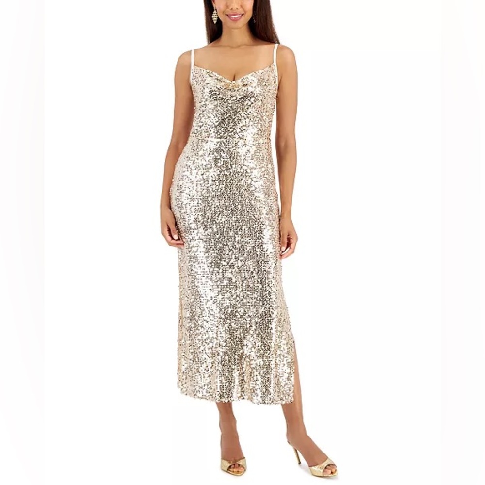 Gold sequin drapped-neck slip dress Taylor US 2, prom wedding party dress